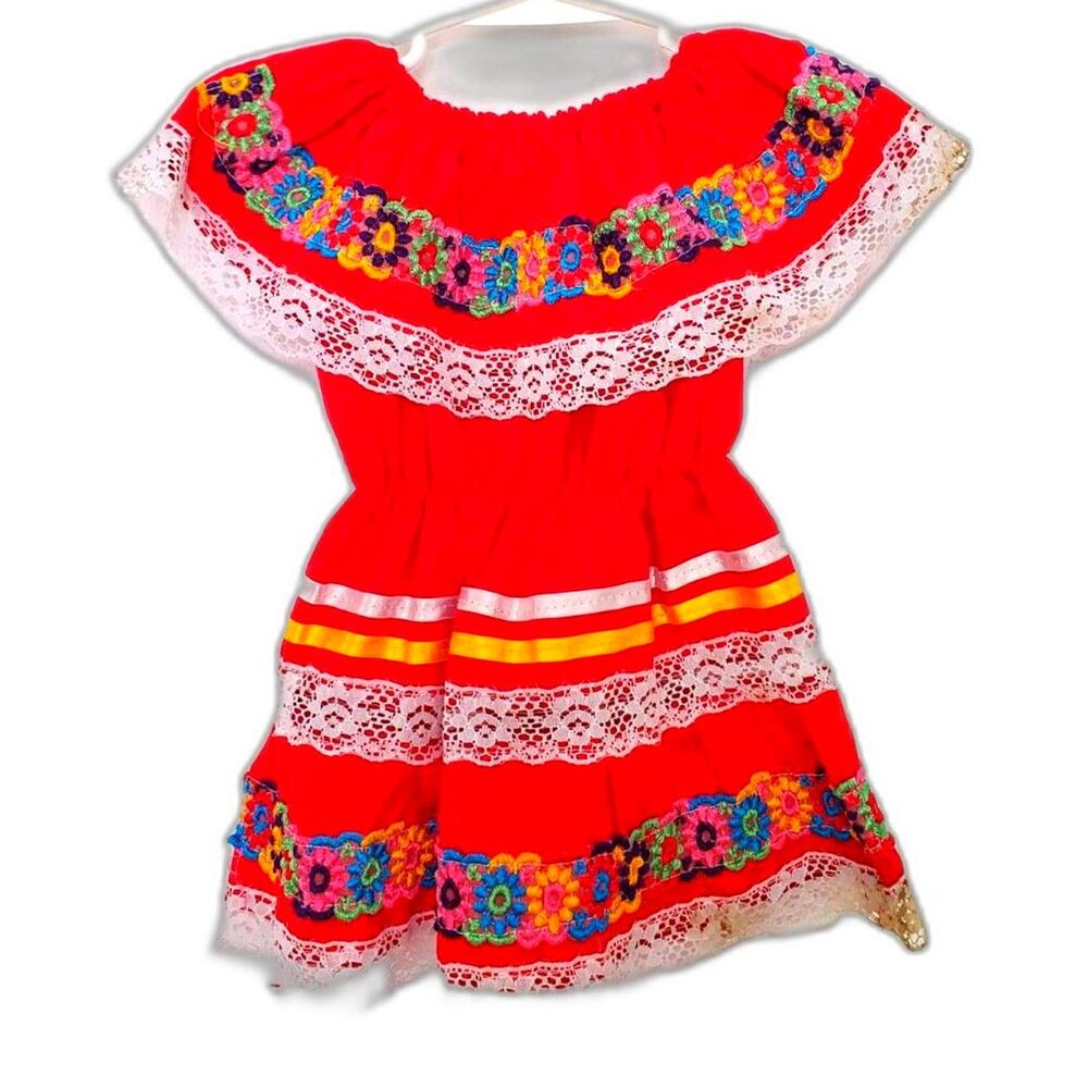 Spring Dress Red with white lace flowers ribbon in yellow and white